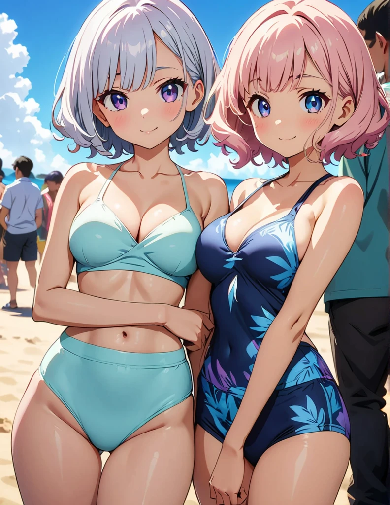 (anime artwork, anime style, studio anime, very detailed, up to date, vibrant, Anime Coloring, high contrast, masterpiece:1.2, best quality, best aesthetics),2 girl,hug from behind,swim suits, Medium chest, A glimpse of thighs,random hair, One eye is hidden by the bangs, perfect proportions, high detail skin, Cute, detailed faces,beach, precise fingers,curvy,crowd 