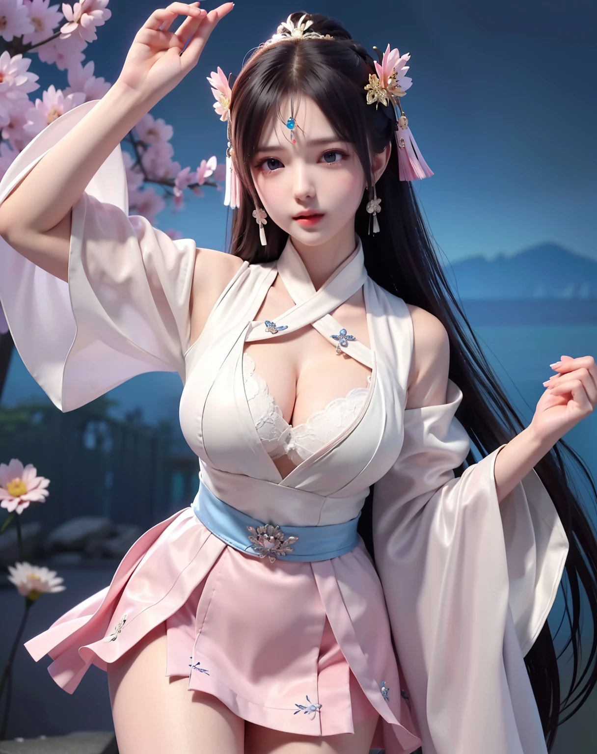 (8k, RAW photo:1.2), best quality, ultra high res,dramatic angle,(fluttered detailed color splashs), (illustration),(((1 girl))),(long hair),(rain:0.9), (Headdress:1.4),There is an ancient palace beside the girl,Hanfu,(Key Points),Color ink painting,(Splash of Color),Splash of Color,(((colorful))),(sketch:0.8) , Masterpiece, best quality, beautiful painted, highly detailed,(denoising:0.6),[splash ink],((ink refraction)), (beautiful detailed sky),moon,highly,detaild,(masterpiece, best quality, extremely detailed） CG Unity 8k Wallpaper，masterpiece，best quality，Ultra Detailed），（Lycoris）.shoulder ballet dress open V-chested clothes Thin silk lace dress short skirt , (huge ，cleavage),, white pink, blue ，best qualtiy，tmasterpiece，Ultra-high resolution，（Reality：1.4），RAW photogr，（True skin texture：1.3），（filmgrain：1.3），（Selfie angle），1个Giant Breast Girl，Beautiful eye and face details，tmasterpiece，Best quality at best，，The chest more exposed， detailed hair, bra pink , detail 8k, full body, lace petticoat. play guzheng