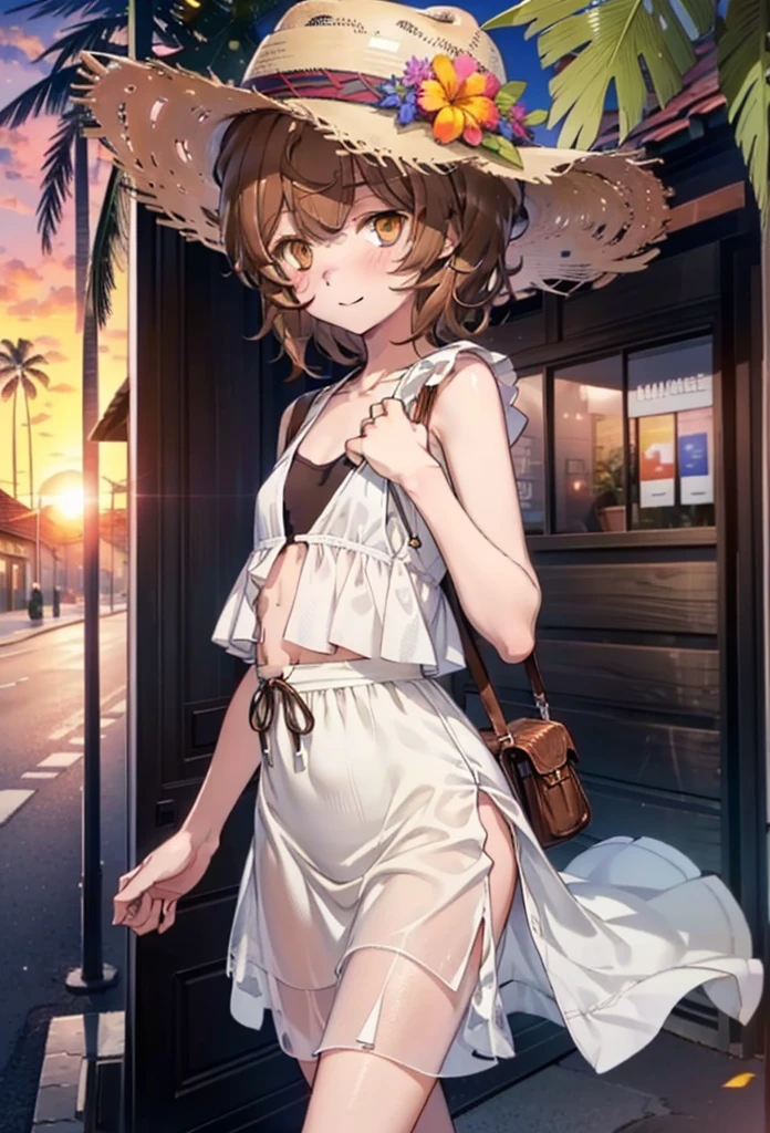 Lililukarde, Liliruka gets burned, , (Brown eyes:1.7), Brown Hair, (Flat Chest:1.2), smile,blush,Straw hat short hair,White sleeveless dress,Long skirt,Heeled Sandals,Walking,sunset,evening,The sun is setting,whole bodyがイラストに入るように,
break looking at viewer,whole body, (Cowboy Shot:1. 5)
break outdoors, Building district,Palm tree,Tropical,
break (masterpiece:1.2), Highest quality, High resolution, unity 8k wallpaper, (figure:0.8), (Beautiful attention to detail:1.6), Highly detailed face, Perfect lighting, Highly detailed CG, (Perfect hands, Perfect Anatomy),