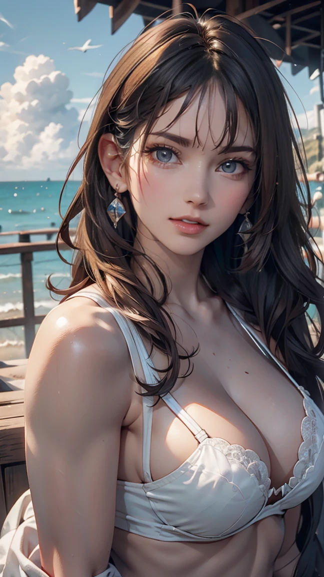 masterpiece,((Clear lines)), Limited edition palette,Highest quality, Flat Color, Low contrast, ((One girl)),(((Very delicate and beautiful girl))),(Beautifully detailed face),(Beautiful attention to detail),{Long Hair},hair ornaments,((Middle chest)),Long black hair,Hair Ribbon, , Are standing,((View your viewers:1.6)), View from below,Beautifully detailed skies,Bright sky,Cloudy,sunlight, (Detailed Light),Lighting,colorful,Ocean,Beach, bridge,The way to school,Skyscraper, autumn, mist、Lace-up sandals、Bra flickering