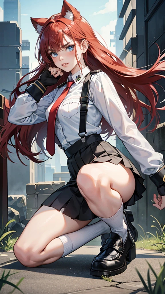 {{masterpiece}}, {{{Highest quality}}},{{Very detailed}}, {{figure}},{{tall}},{{Adult female}},,{{Fighting stance}},｛from side｝,{{Long sleeve mini skirt uniform}},{on one knee{}},}}{}},{fighting stance}},{},{}, ,{{}},{{Eyelet foot}},,{{blushing with anger}},{{}},,{{}},{{}},,Slender body}}{{Avoidance}}{{Female police officer}},,,,suspenders　,Long sleeve mini skirt uniform, White High Socks,Black fingerless gloves, Long Red Hair, Red tie,Straight hair ,Blunt bangs,Thigh holster,.amountn loafer,,blush,Wrinkles ,amount,Grit your teeth,suffering,v-shaped eyebrows.,Sweat dripping,Medium chest ,get annoyed,,Slums,,Twisting,