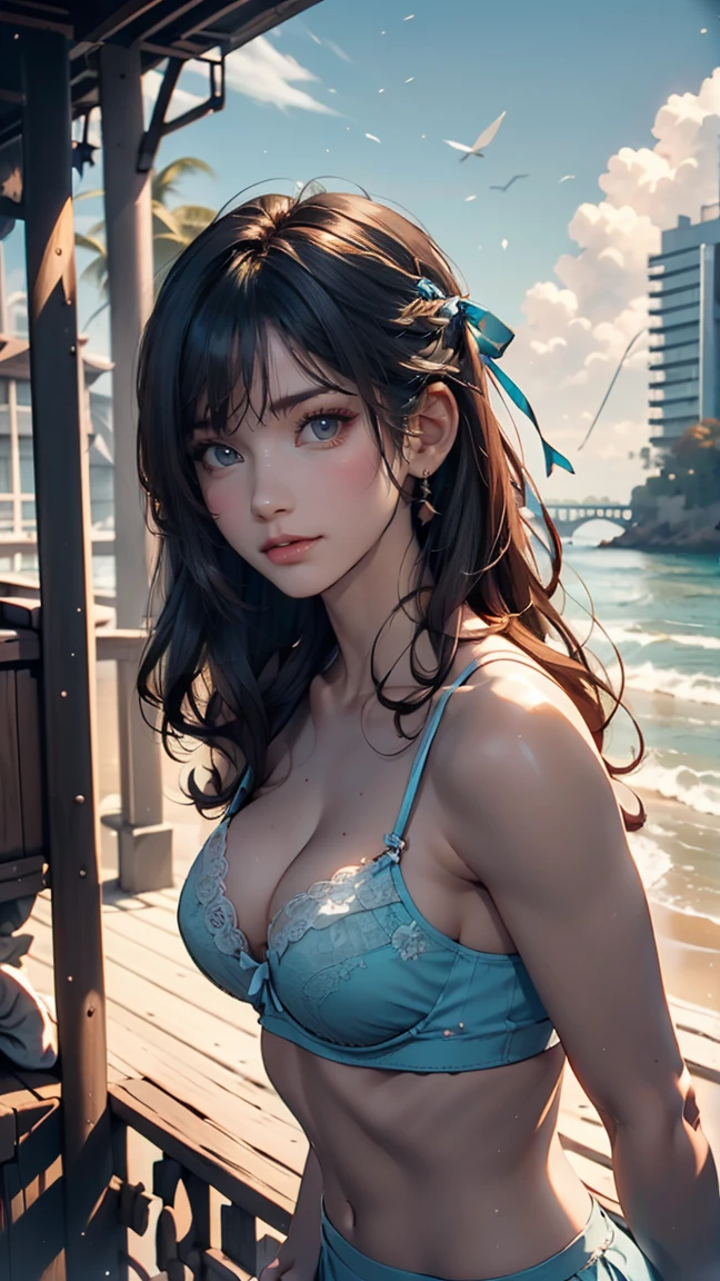 masterpiece,((Clear lines)), Limited edition palette,Highest quality, Flat Color, Low contrast, ((One girl)),(((Very delicate and beautiful girl))),(Beautifully detailed face),(Beautiful attention to detail),{Long Hair},hair ornaments,((Middle chest)),Long black hair,Hair Ribbon, , Are standing,((View your viewers:1.6)), View from below,Beautifully detailed skies,Bright sky,Cloudy,sunlight, (Detailed Light),Lighting,colorful,Ocean,Beach, bridge,The way to school,Skyscraper, autumn, mist、Lace-up sandals、Bra flickering