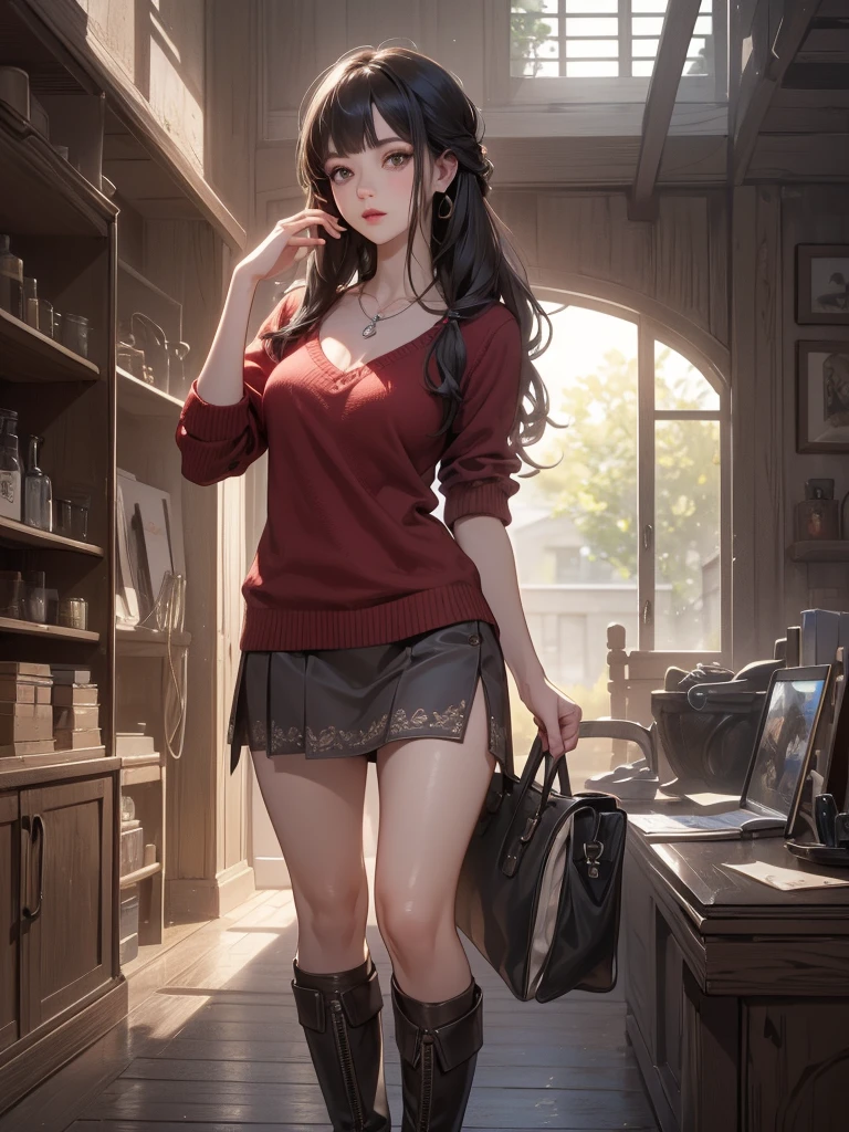 (Random pose),(Random Hairstyle),(Highest image quality,(8K),Ultra-realistic,best quality, high quality, HD, high quality texture,High Detail,Exquisite and detailed,fine,Extremely detailed CG,Detailed texture,Realistic reproduction of the face,masterpiece,Presence),sweater,Tight mini skirt,stocking,Engineer Boots