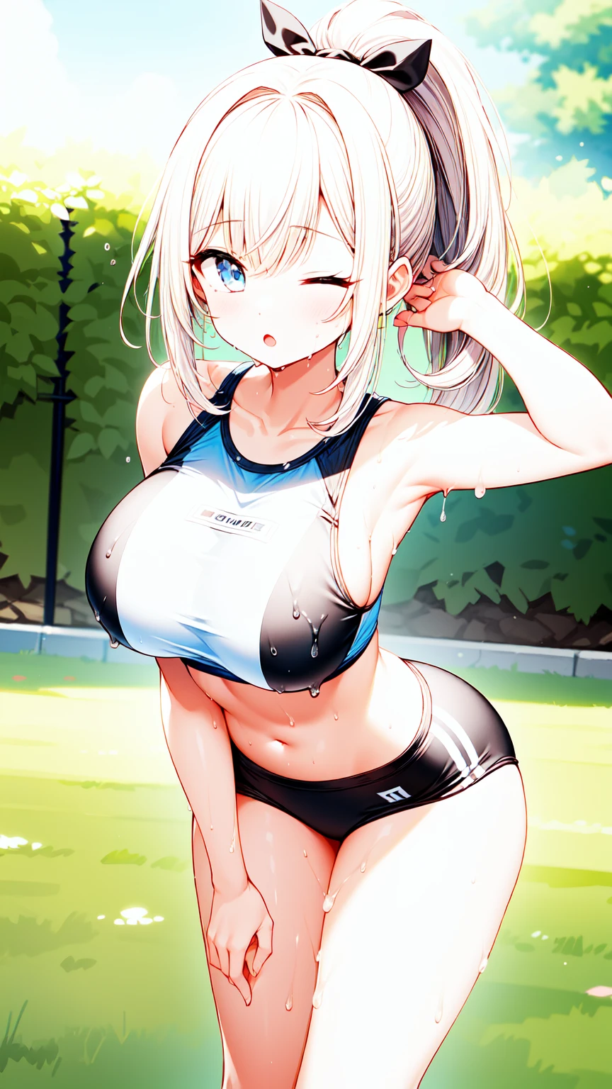 beautiful, masterpiece, best quality, extremely detailed face, perfect lighting, masterpiece, best quality, 1girl, blush, blue eyes, white hair, long hair, ponytail, buruma, sports bra, sideboob, sportswears, navel, wet, sweat, ;o, one eyes closed, large breasts, arm behind head, standing, leaning forward, garden, looking at viewer