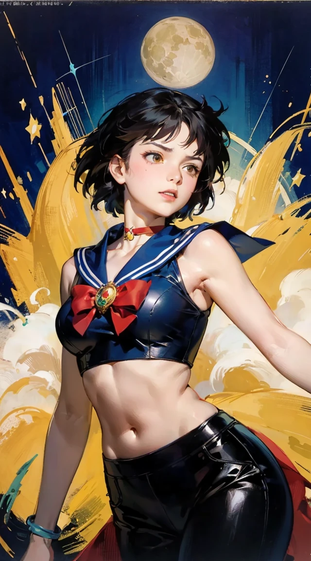 o(8k, RAW photo, best quality, masterpiece:1.2),    RanmaChan, RanmaRedShirt, blue pants　fficial art, unity 8k wallpaper, ultra detailed, beautiful and aesthetic, masterpiece, best quality, chinese style, (zentangle, mandala, tangle, entangle), ecstasy of flower, 1girl, extremely detailed, dynamic angle, cowboyshot, the most beautiful form of chaos, elegant, a brutalist designed, vivid colours, romanticism, by james jean, roby dwi antono, ross tran, francis bacon, michal mraz, adrian ghenie, petra cortright, gerhard richter, takato yamamoto, ashley wood, atmospheric The main character is Usagi Tsukino, a clumsy and seemingly ordinary age girl who discovers that she is the reincarnation of Sailor Moon, the legendary warrior of love and justice. Usagi is joined by other Sailor Guardians, including Sailor Mercury, Sailor Mars, Sailor Jupiter, and Sailor Venus, each of whom possesses unique powers and abilities. Together, they fight evil forces, protect the world from various threats, and search for the Moon Princess. masterpiece, Highest quality, Perfect Face, Highest Resolution, Highest quality,Detailed depiction of the eyes, 1 girl, young, slender body, Short, deep tan skin, slate gray hair, short hair, upturned eyes, Yellow Orange eyes, Perfect Anatomy, steampunk, ribbon choker, Work clothes, steam locomotive, station