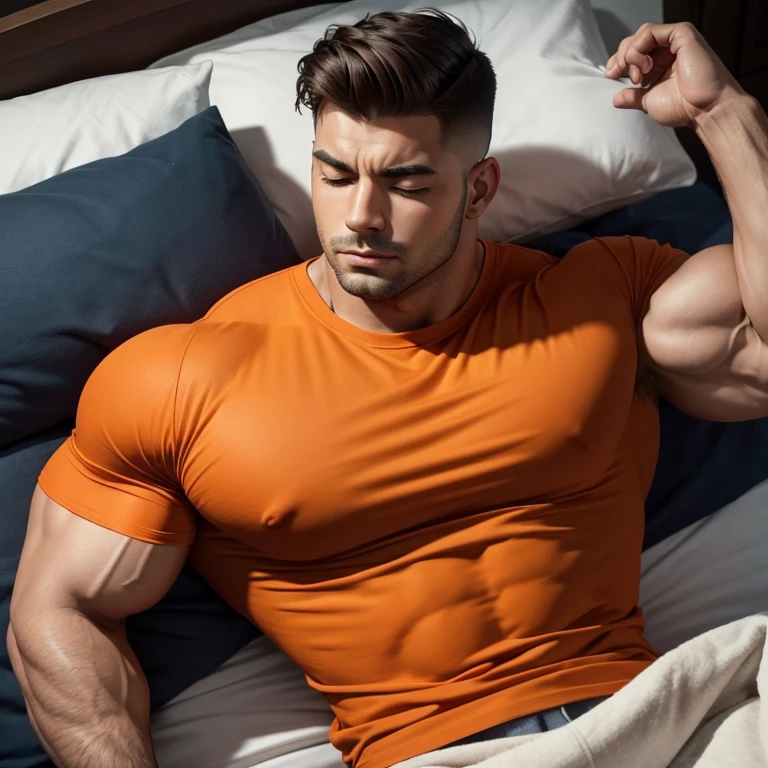 a very handsome man, eyes closed, with Mid fade haircut, massively muscular, with massively large muscles, wearing an orange shirt, lying on a bed, seen close up