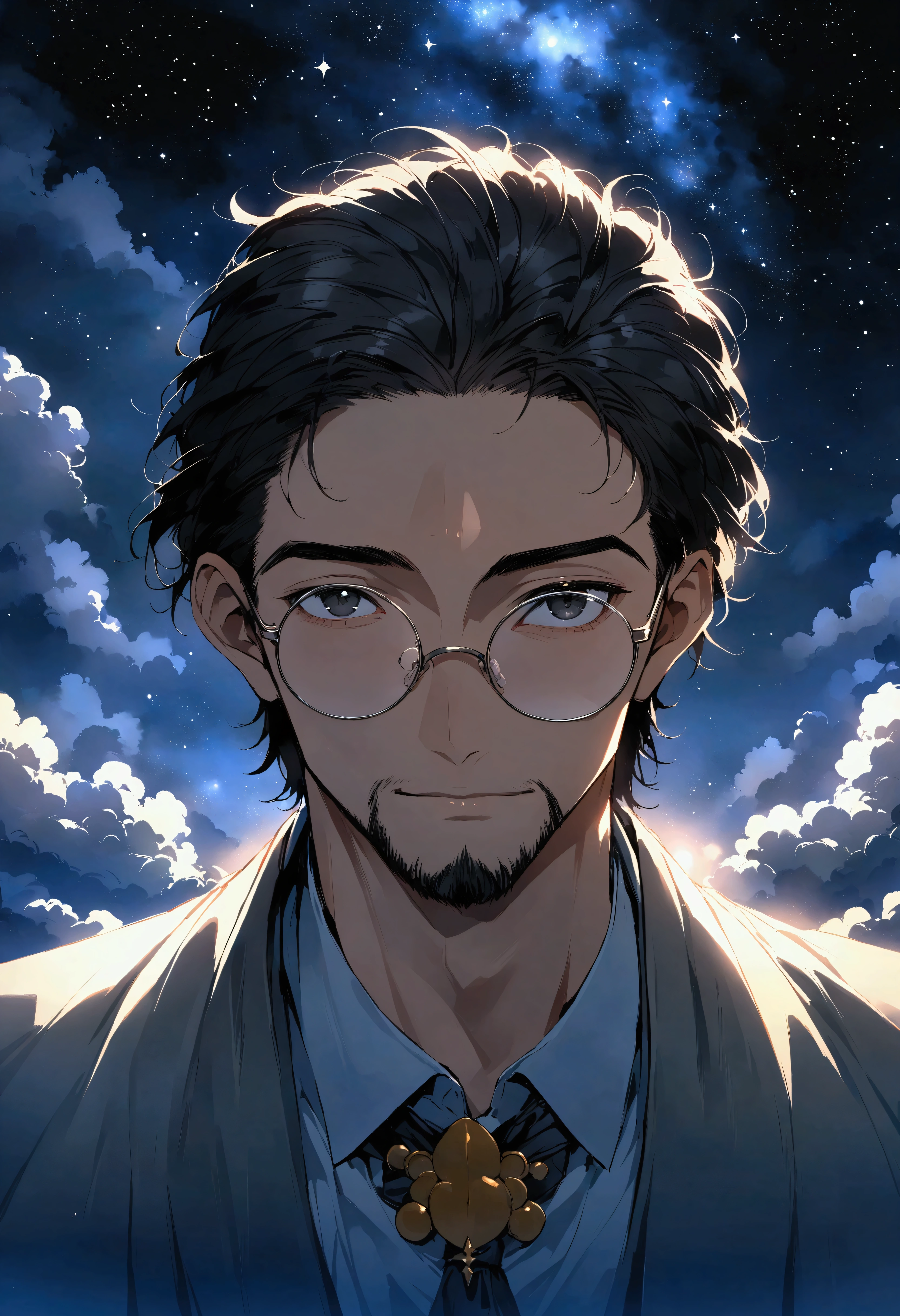 quality, There is a person in heaven, closure, cloudy, Soft lighting, Starry Sky, Handsome man wearing round glasses, View Viewer, black eyes, Dark-haired, black beard