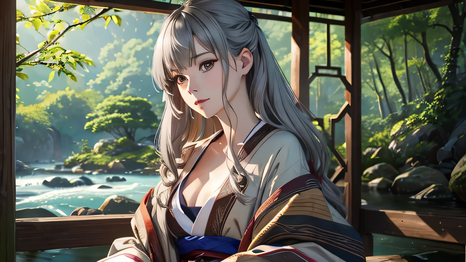 masterpiece、最high quality、high quality、Very detailed CG Unity 8k wallpaper、Depth of written boundary、HDR、、Photorealistic、Very detailed、complicated、high detail、Wife、Gray Hair、red kimono、river、Forest、Big peach on the river