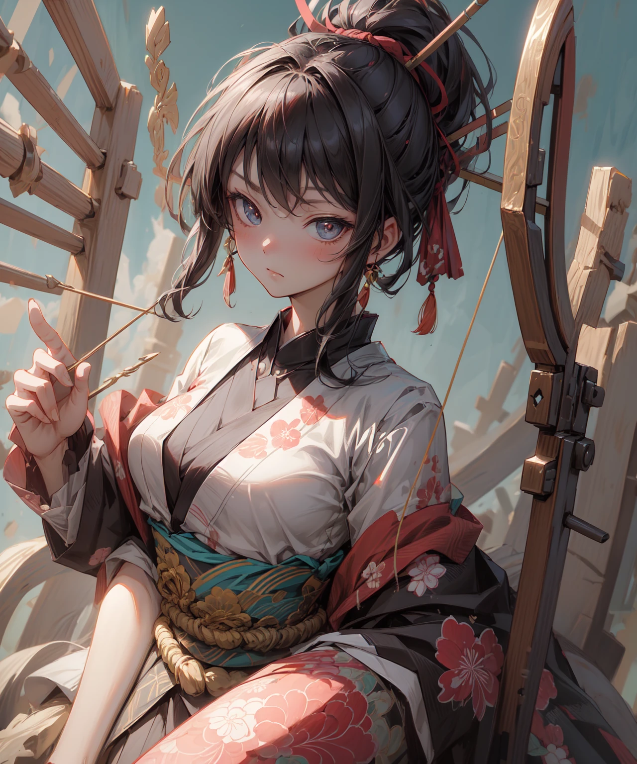 (Best quality, high resolution, 8K, precision, masterpiece: 1.2).Ukiyo-e style. An Edo-era woodblock collage depicting an anime girl holding a bow and arrow while surrounded by various archery target symbols in dark gold, black, red, and white. A line drawing that looks like a retro poster from the Showa era. The anime-style collage has the word "moody" written in bold letters.