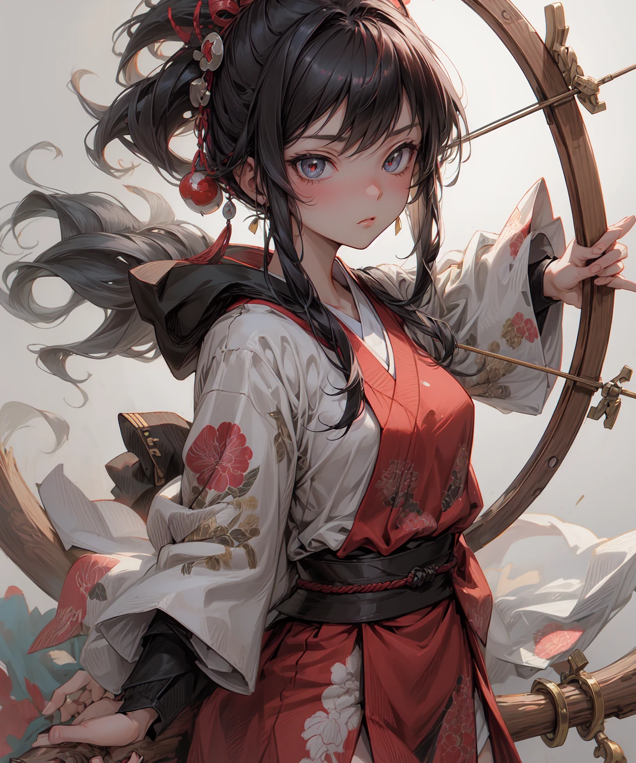 (Best quality, high resolution, 8K, precision, masterpiece: 1.2).Ukiyo-e style. An Edo-era woodblock collage depicting an anime girl holding a bow and arrow while surrounded by various archery target symbols in dark gold, black, red, and white. A line drawing that looks like a retro poster from the Showa era. The anime-style collage has the word "moody" written in bold letters.