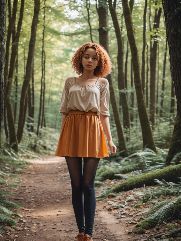 17 year old girl, Lovely, orange hair, Very short, Very curly, slim, flat bust, with freckles on the face, with slavic features, unknotting, leaning on tree, Whole body, two hands, shows her pretty legs, In the woods.