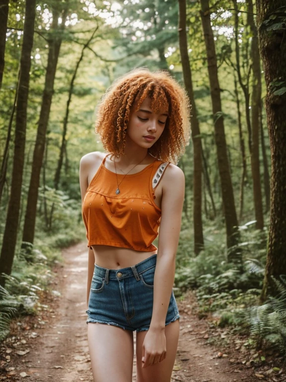17 year old girl, Lovely, orange hair, Very short, Very curly, slim, flat bust, with freckles on the face, with slavic features, unknotting, leaning on tree, Whole body, two hands, shows her pretty legs, In the woods.