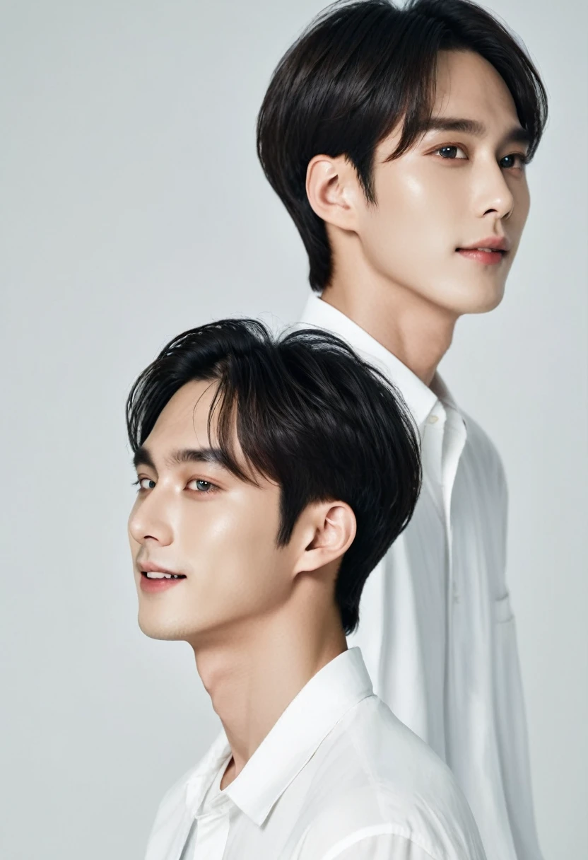 There is a man smiling, in your profile, Taejun Kim, Doyoung Kim, side profile portrait, Close-up profile face, The background is white, A striking smiling face, Sharp jawline, side profile shot, Profile Pose, Slightly defined jawline, well defined jawline, side view, Lee Won Bin, korean artist, Close-up profile