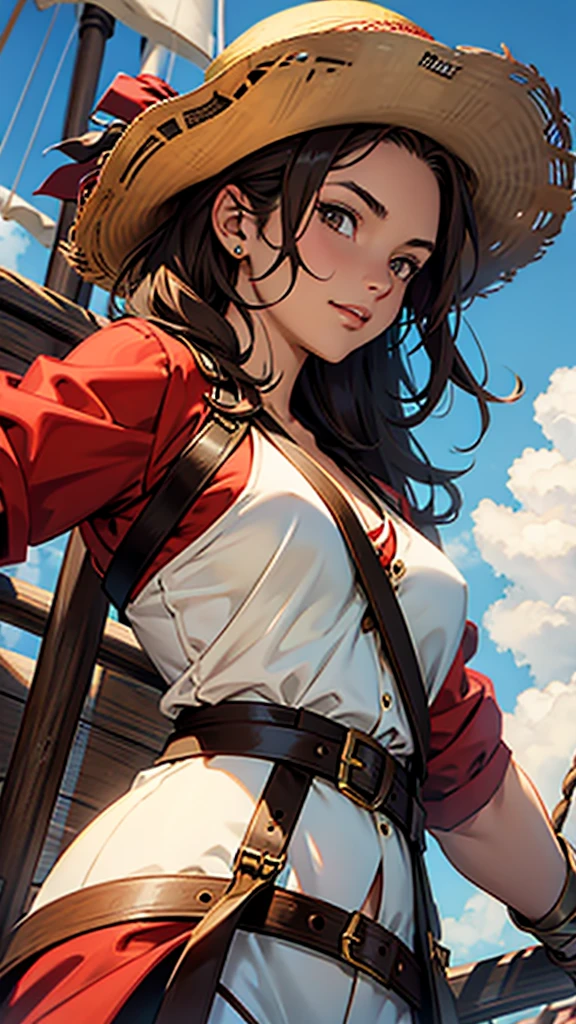 1 female, medium length brown hair, hazel eyes, wearing pirate outfit, at the helm of a pirate ship, wearing straw hat with red band, wearing straw hat