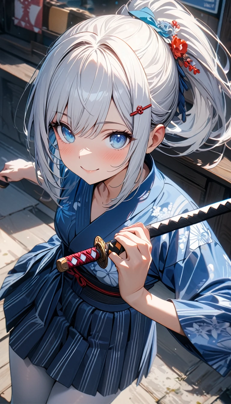 Young girl, short white hair, high ponytail, blue eyes, Japanese hairpin, smile, katana, skirt, white nylon tights, blue battle yukata, Masterpiece, best quality, Full HD, 8k, ultra details, great graphic