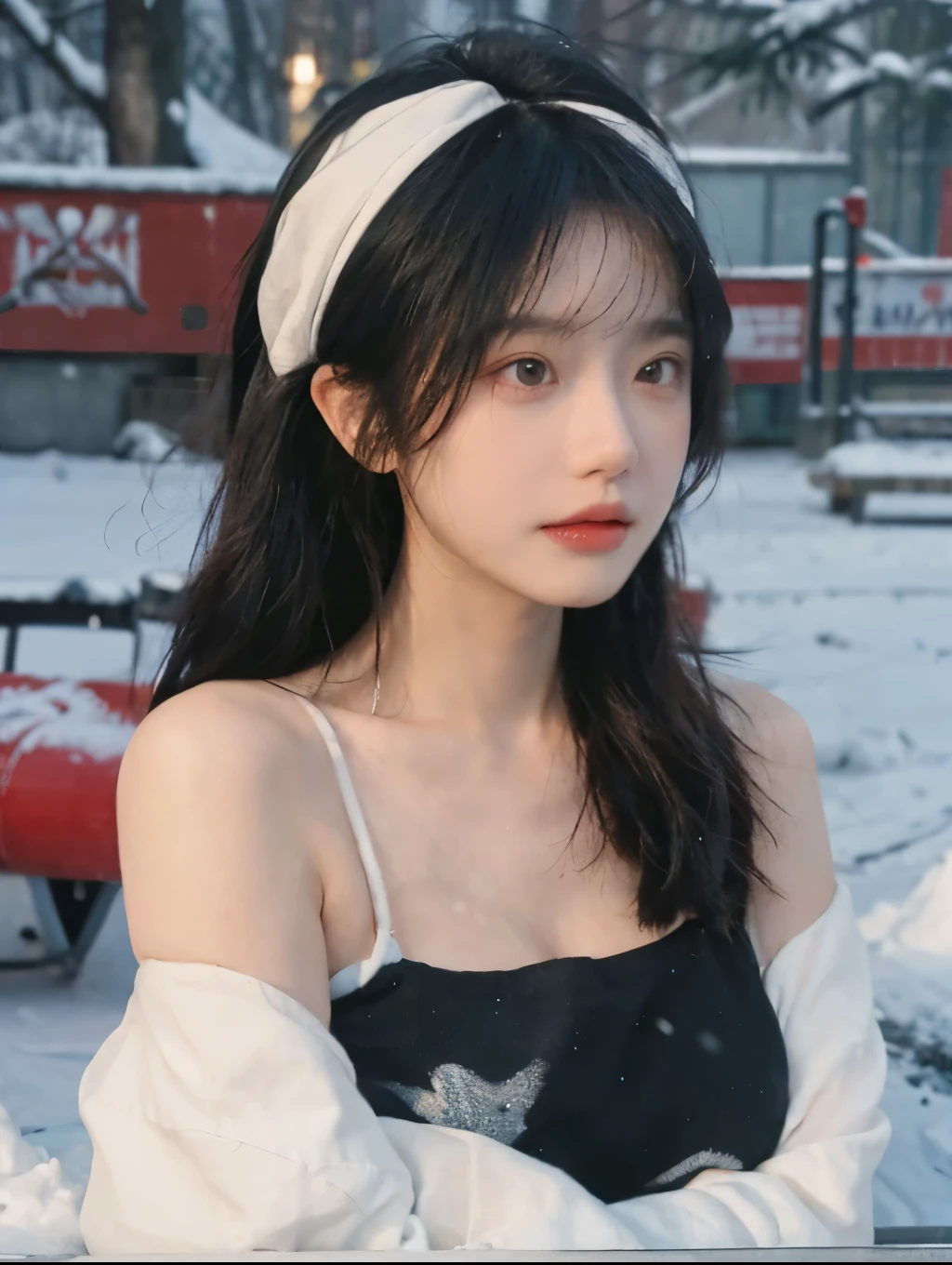 Portrait photography，1 girl，Snow Scene，Snowing background，Push-up non-slip tube top ，（whole body：1.4），Lipstick，(Big Breasts:1.4)，Headband，serene，calm，(Realistic and detailed eyes，Natural skin texture，Realistic facial details)，