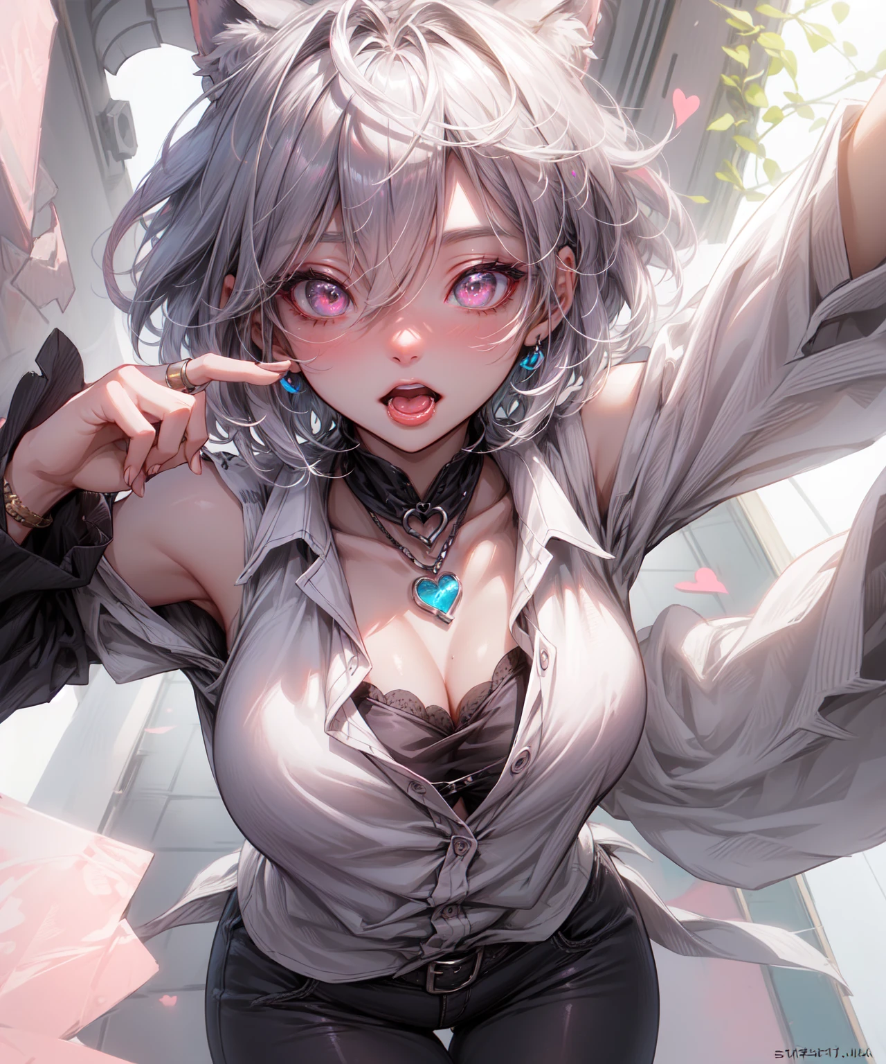(Highest quality、High resolution、8k、masterpiece)。Look away、Open your mouth、Pink Eyes、Silver Hair、Heart shaped pupil、teeth、tongue、tongueを出す、（Original Character, (1 Girl)、Perfect Face、((short hair:1.2))、(Hair above one eye:1.3)、[[Disheveled Hair]]、Detailed eyes that shine、Light and shadow、Glowing Skin、 (Curvy but slim), ((High angle shot))、Sexy look、Use something sexy、（background：Remains）Full body、bracelet、necklace、Rough Fashion、Disheveled clothes、Oversized clothes、Follow the Silver Wolf、