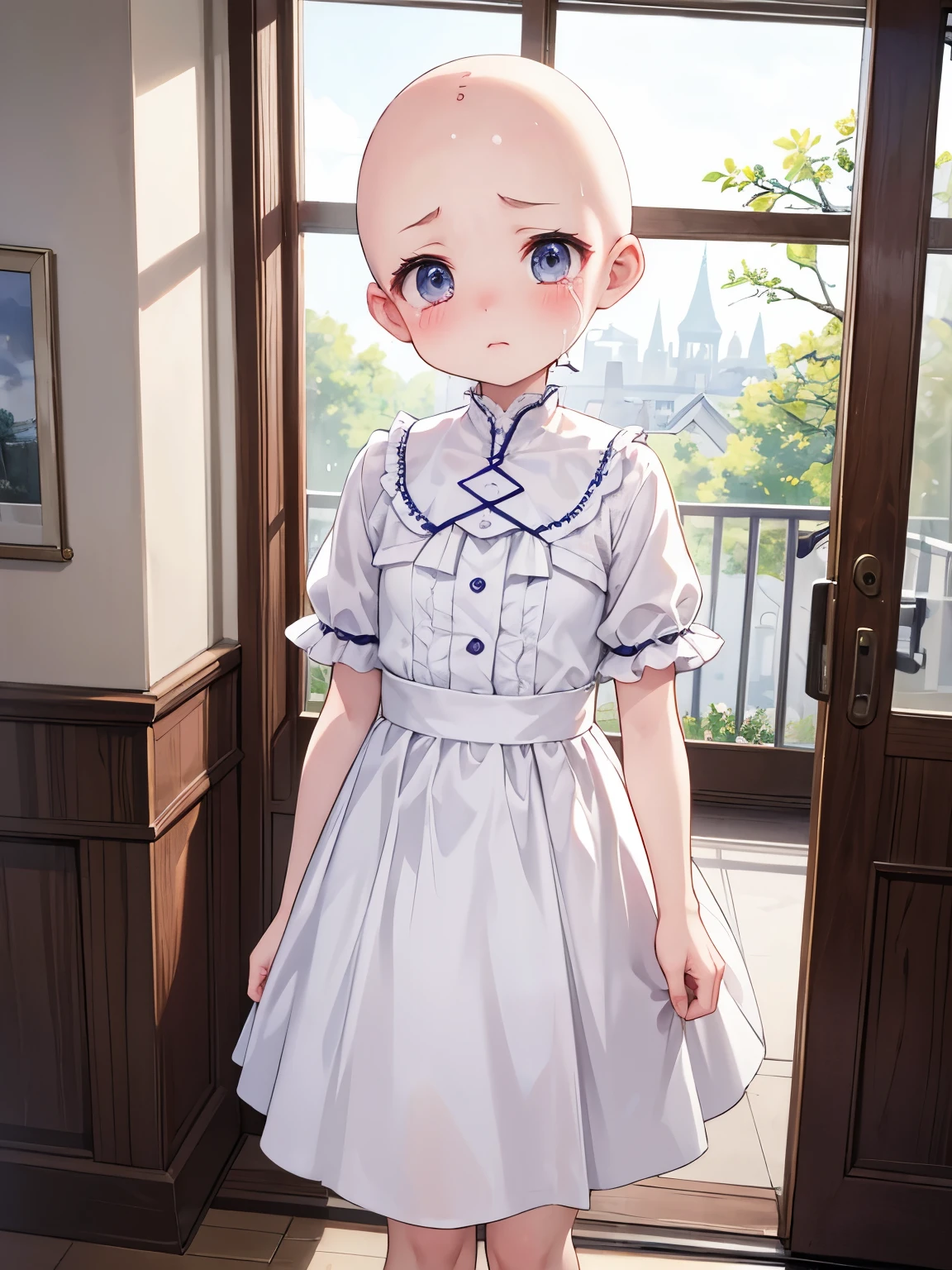 (highest quality、masterpiece、8K、best image quality、hyper realism、Award-winning work)、(solo:1.1)、(1 photo:1.1)、(Feminine and girly cute girl:1.2)、Masterpiece, hd, 1girl, elementary school girl, 8 y.o, wearing white dress, bald heads, bald hair, (bald:1.2), sad, crying, tears, (sad:1.4), standing, indoor, hospital hall, fullbody