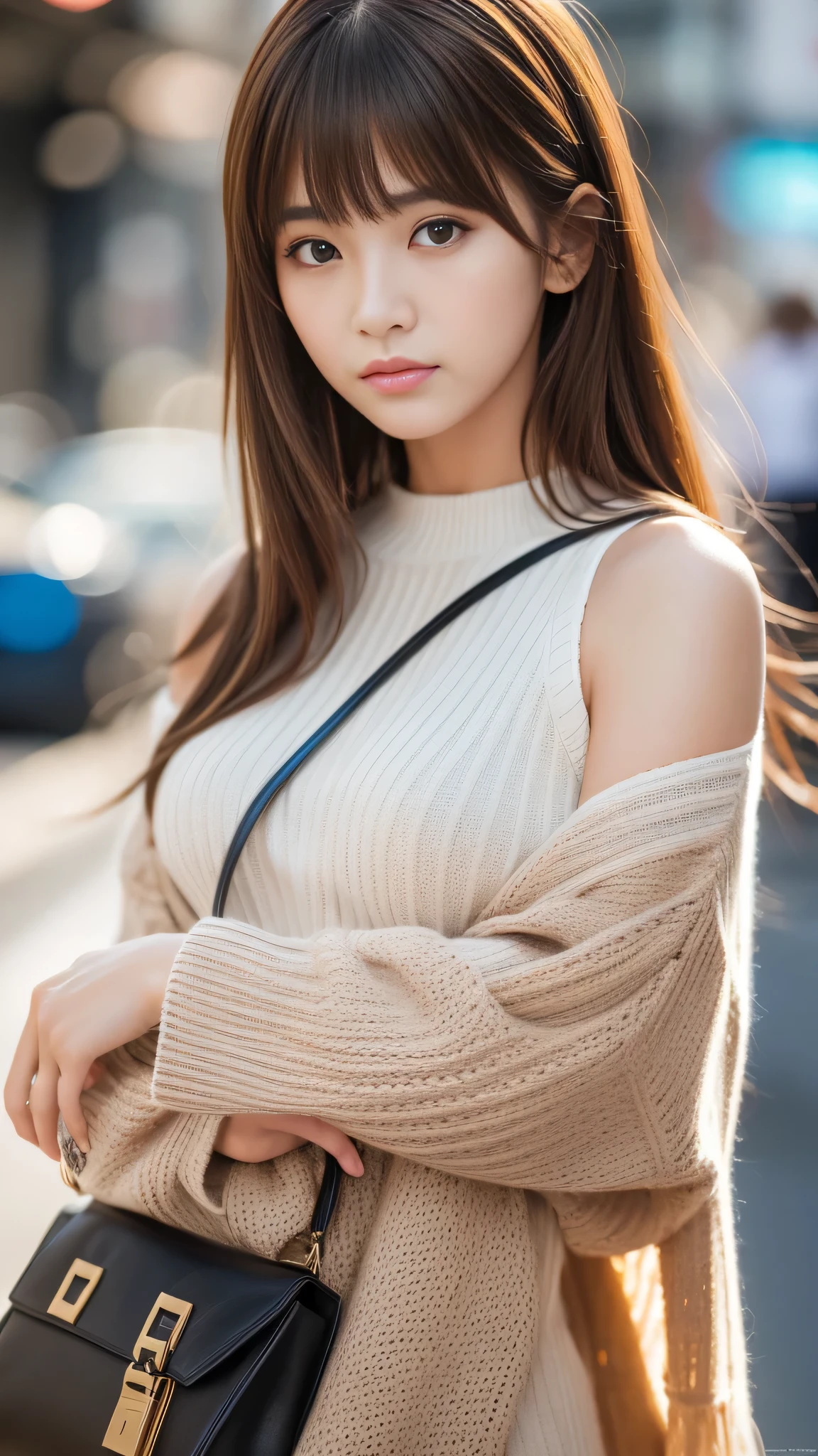 Ultra-high resolution, Superior Quality, Highest quality, Very detailed, Realistic, 8k, RAW Photos, Highest quality, masterpiece, Attractive girl, Awesome girl, Brown Hair, Shoulder-length layers, Asymmetrical bangs, K-POPアイドル, Sophisticated, stylish, White knit, Shibuya Ward, 