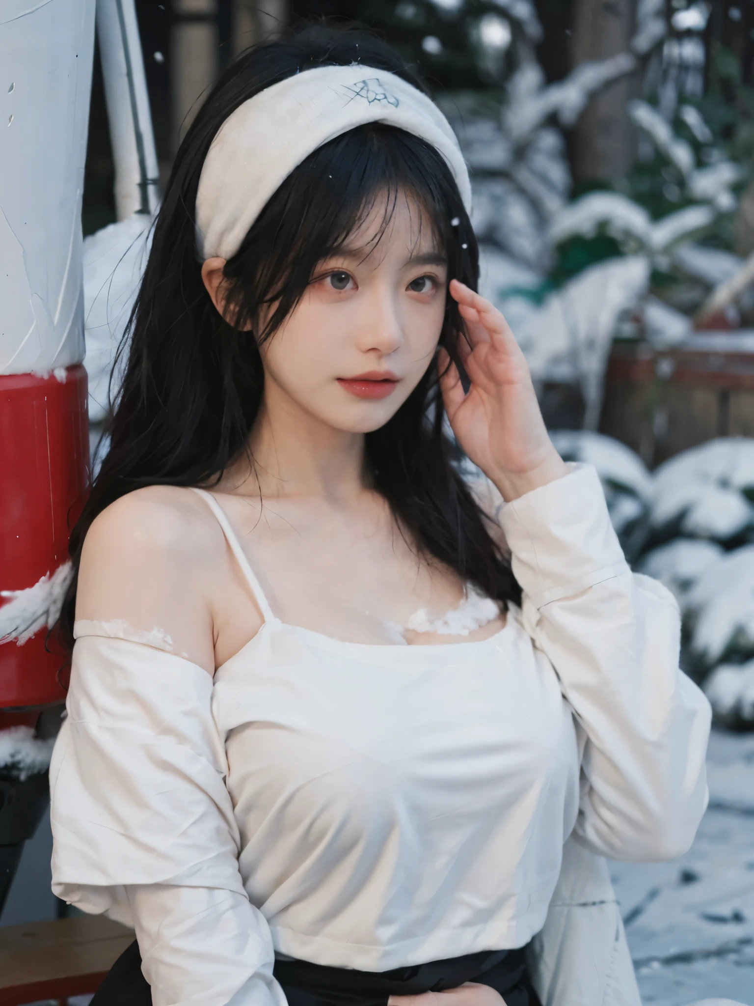 Portrait photography,1 girl,Snow Scene,Snowing background,Push-up non-slip tube top ,(whole body:1.4),Lipstick,(Big Breasts:1.4),Headband,serene,calm,(Realistic and detailed eyes,Natural skin texture,Realistic facial details),