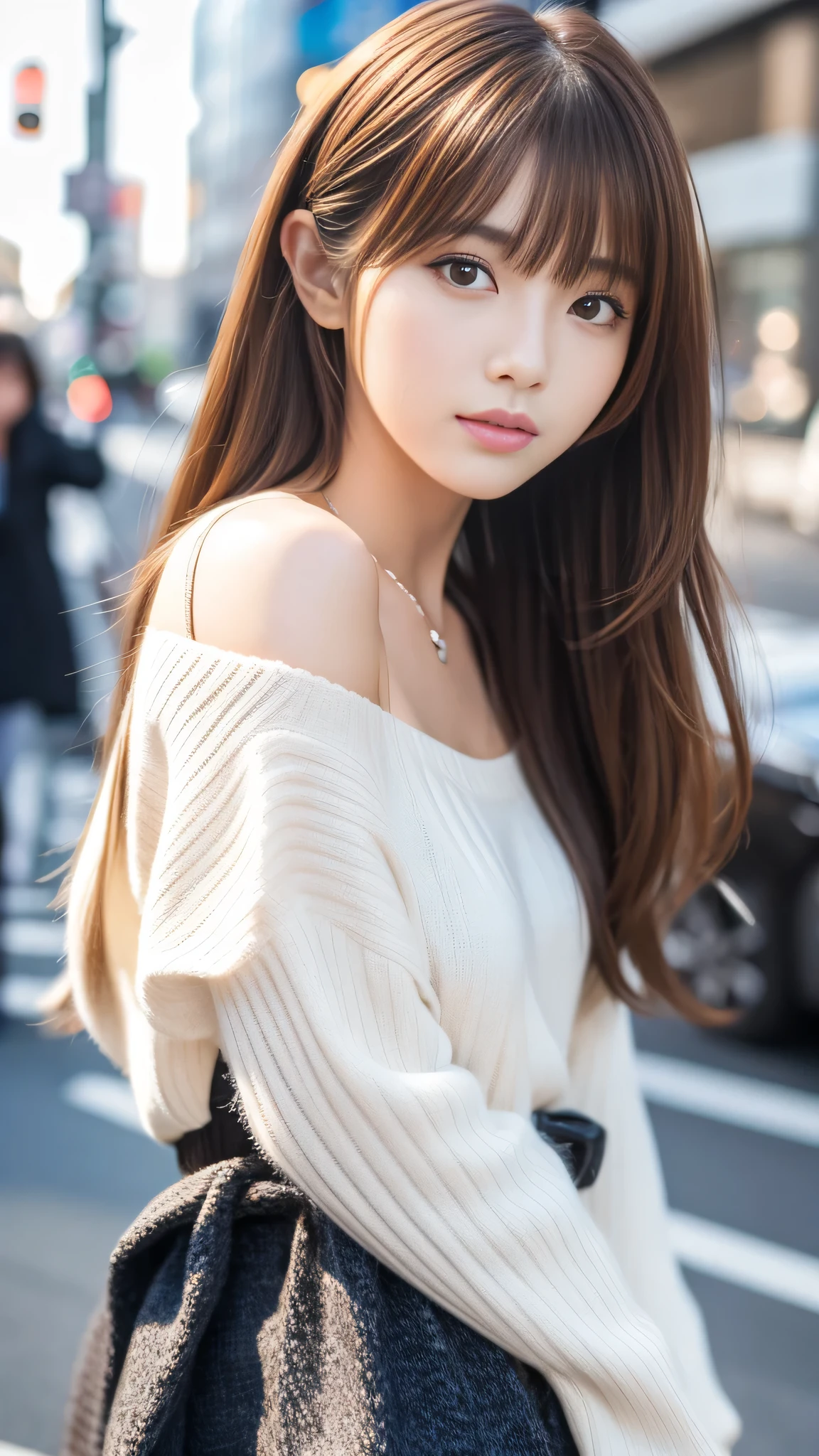 Ultra-high resolution, Superior Quality, Highest quality, Very detailed, Realistic, 8k, RAW Photos, Highest quality, masterpiece, Attractive girl, Awesome girl, Brown Hair, Shoulder-length layers, Asymmetrical bangs, K-POPアイドル, Sophisticated, stylish, White knit, Shibuya Ward,