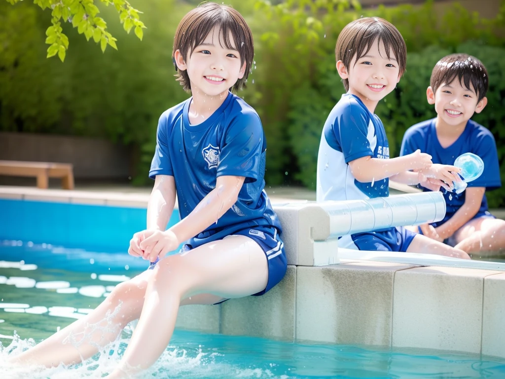 hot summer、primary school、Summer swimming pool、Fun every day、Get wet all over、Japan Boy、Glowing water splashes、Pool lessons、Boy playing in water、The happy boys、Strong sunlight、Short sleeve gym uniform、Blue shorts、barefoot,Boys only 、10age、high resolution、masterpiece