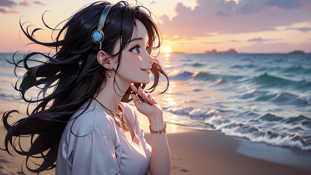 ((Biologically correct limb count))、((Full Body Shot, Full-body photo including face))、4K、masterpiece、((Focus on the face))、((Symmetrical facial features))、Eyes of meticulous depiction、Beautiful woman、Excellent style、Beautiful feet、(High heels)、Facial detailing、wearing headphone、necklace、((Close-up photo of the upper body))、(Upper body T-shirt、Shorts)、With the sunset over the sea as a backdrop、A big smile、Scene of walking on the beach、profile、