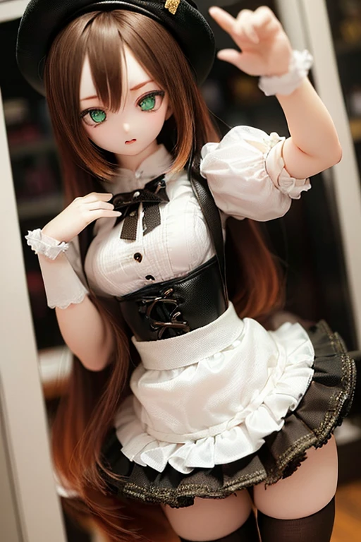 (SFW:2), photorealistic, realistic photo, 8k, ((highest quality)), ((masterpiece)), (extremely detailed), kukolnydom, doll, (mature woman, 21yo, 21 years old, solo:1.6), ((cowboy shot, dynamic pose, slim, slender, skinny, medium breasts, bowler hat, frilled shirt, puffy sleeves, corset, tiered pannier skirt, thigh-high socks)), (green eyes, brown hair, long hair, plastic skin, looking at another, glass eyes, gradient eyes, shining eyes, detailed eyes:1.3)