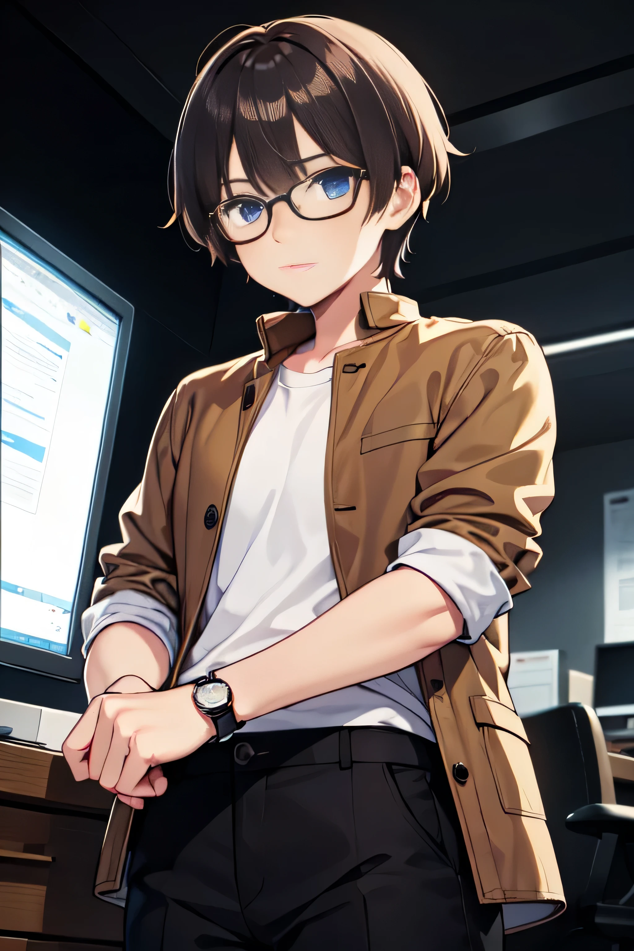 Gender male, brown short hair, blue eyes, brown jacket, white t-shirts, black pants, strong, glasses, watch, office background nighttime