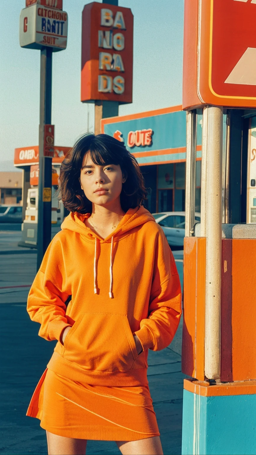  photo cinematic photograph long shot portraits by Wes Anderson, cute 23 yo girl ,fokus, bokeh ,wear ((orange color oversized_hoodie)), wear ((purple tennis skirt)),looking front,Best Quality,Masterpiece,Ultra High Resolution,(Realisticity:1.4),Original Photo, 1Girl, light leak,ultra high resolution,UHD,beautiful, (black bob hair), almond eye, no makeup, in front of ((80's los angles gas station)), (realistic:1.2), (surreal:1.3), (very detailed:1.1), ((masterpiece)),summer, blue sky, palm trees,sunny, los angles vibes,film camera, 800mm lens,style of Philip Lorca diCorcia