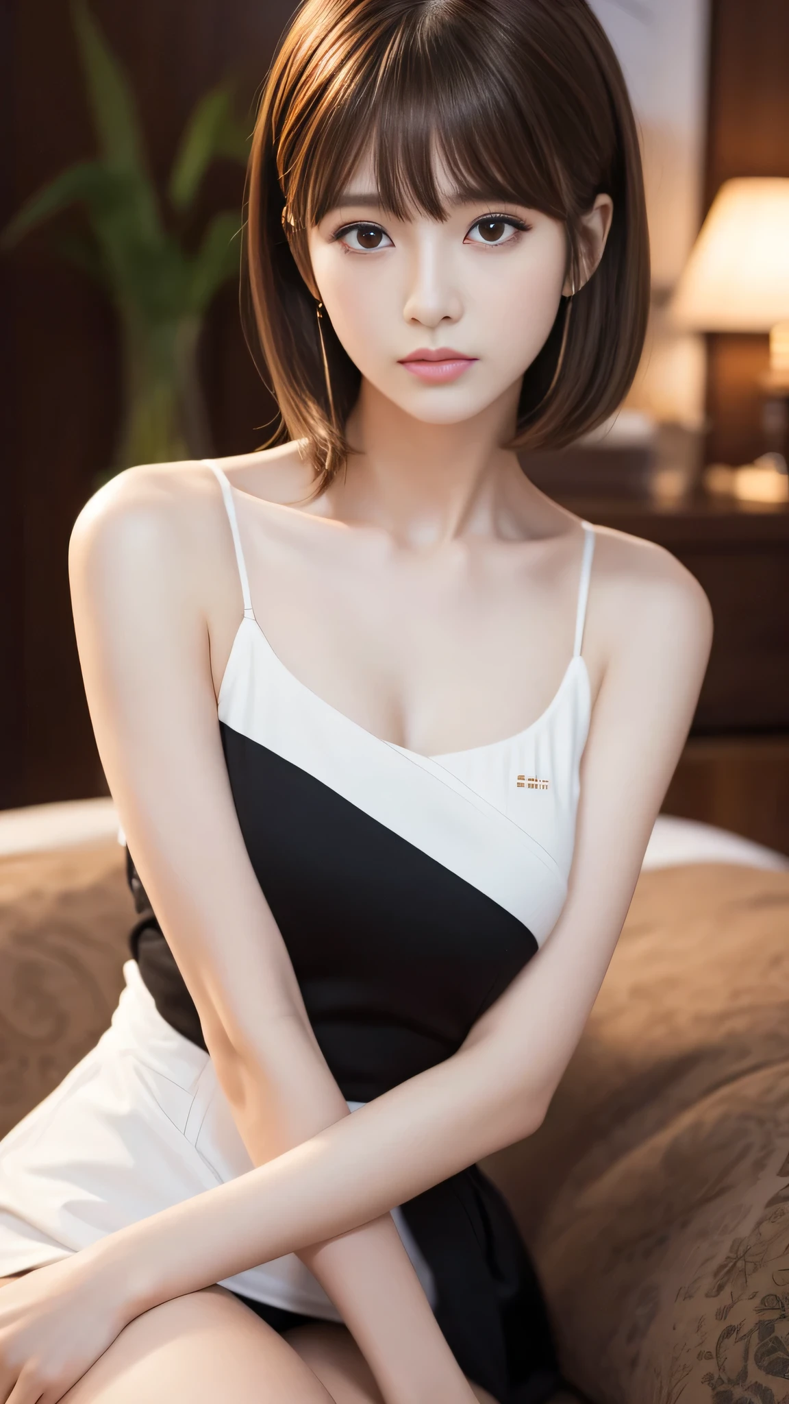Ultra-high resolution, Superior Quality, Highest quality, Very detailed, Realistic, 8k, RAW Photos, Highest quality, masterpiece, Attractive girl, Awesome girl, Brown Hair, Shoulder-length layers, Asymmetrical bangs, K-POPアイドル, Sophisticated, stylish, White camisole, Black hibuya Ward, Short Hair