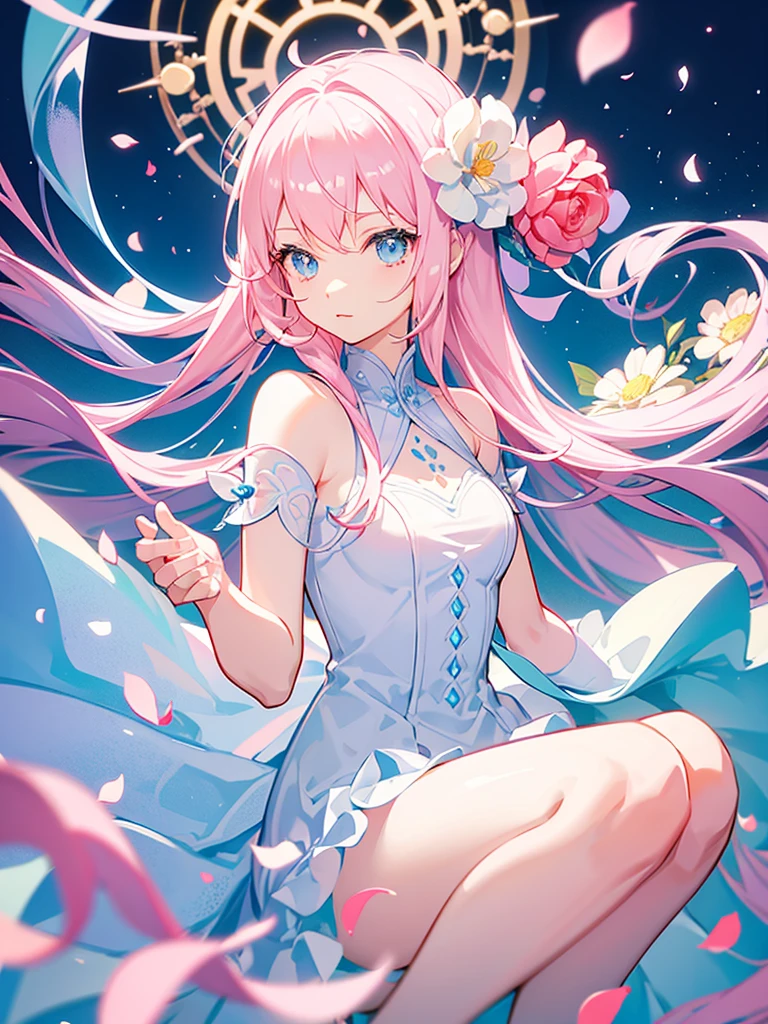 Light pink hair、Light blue eyes、White dress、flower、mysterious