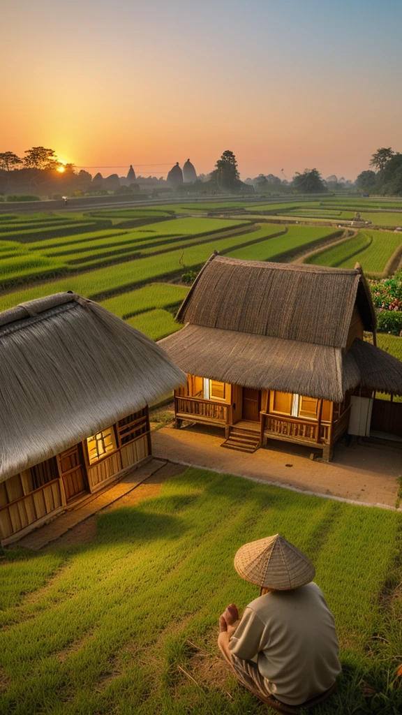 An elderly father sitting in front of a thatched house in a poor rural village in Vietnam, with rice fields nearby. Inside the house, there's a warm yellow light, and smoke rising from the kitchen at the back. The scene depicts the hardship, night, rian , photography, real picture.