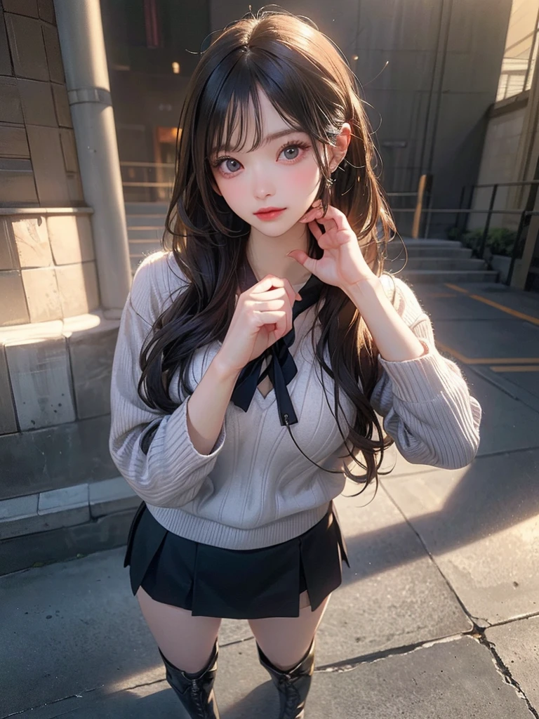 (Random pose),(Random Hairstyle),(Highest image quality,(8K),Ultra-realistic,best quality, high quality, HD, high quality texture,High Detail,Exquisite and detailed,fine,Extremely detailed CG,Detailed texture,Realistic reproduction of the face,masterpiece,Presence),sweater,Tight mini skirt,stocking,Engineer Boots