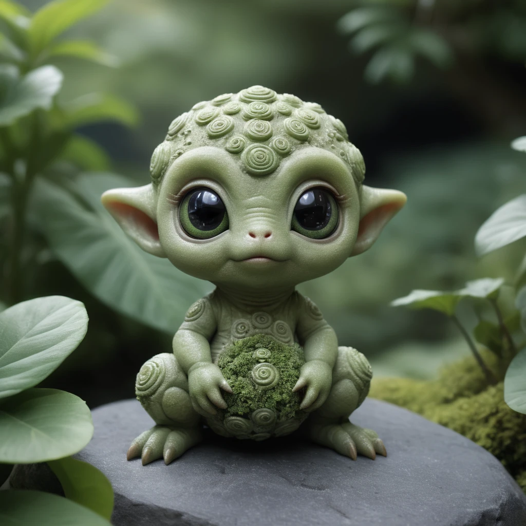 Reality Shot, realism, Realistic photo of a cute alien lifeform covered in mucus, Zen Stone Garden, Intricate details, Ultra Sharp, Punk Lal and Zdarmun
