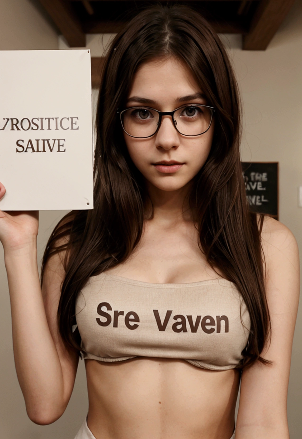 sad young woman VERY VERY SKINNY, with glasses, big dark brown detailed eyes, middle length straight brown hair, cute thin face, holding a white sign with the text: "SAVE CANVAS", indoors, artificial lighting