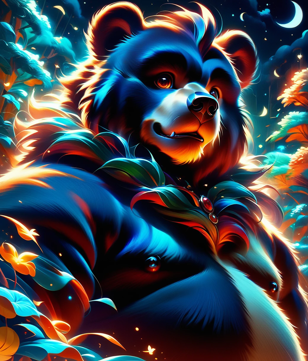 (chubby, anthro, male, bear cub), fullbody, ral-chrosc-clr, adorable, magical oasis, fantasy, night time, moonlight, magical, extremely detailed, beautiful,whimsical, high resolution image, detailxl