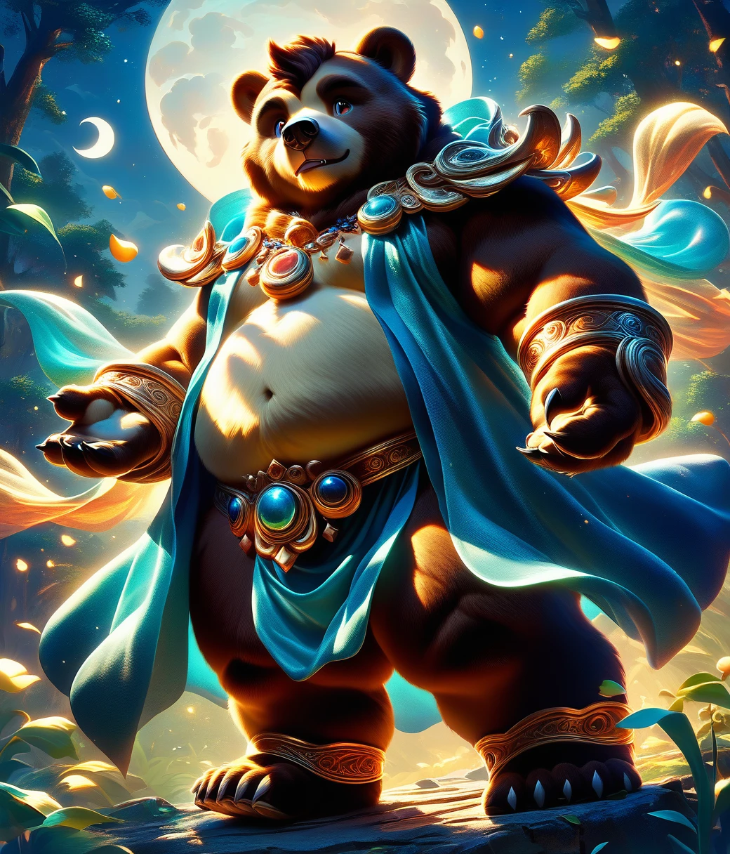 (chubby, anthro, male, bear cub), fullbody, ral-chrosc-clr, adorable, magical oasis, fantasy, night time, moonlight, magical, extremely detailed, beautiful,whimsical, high resolution image, detailxl