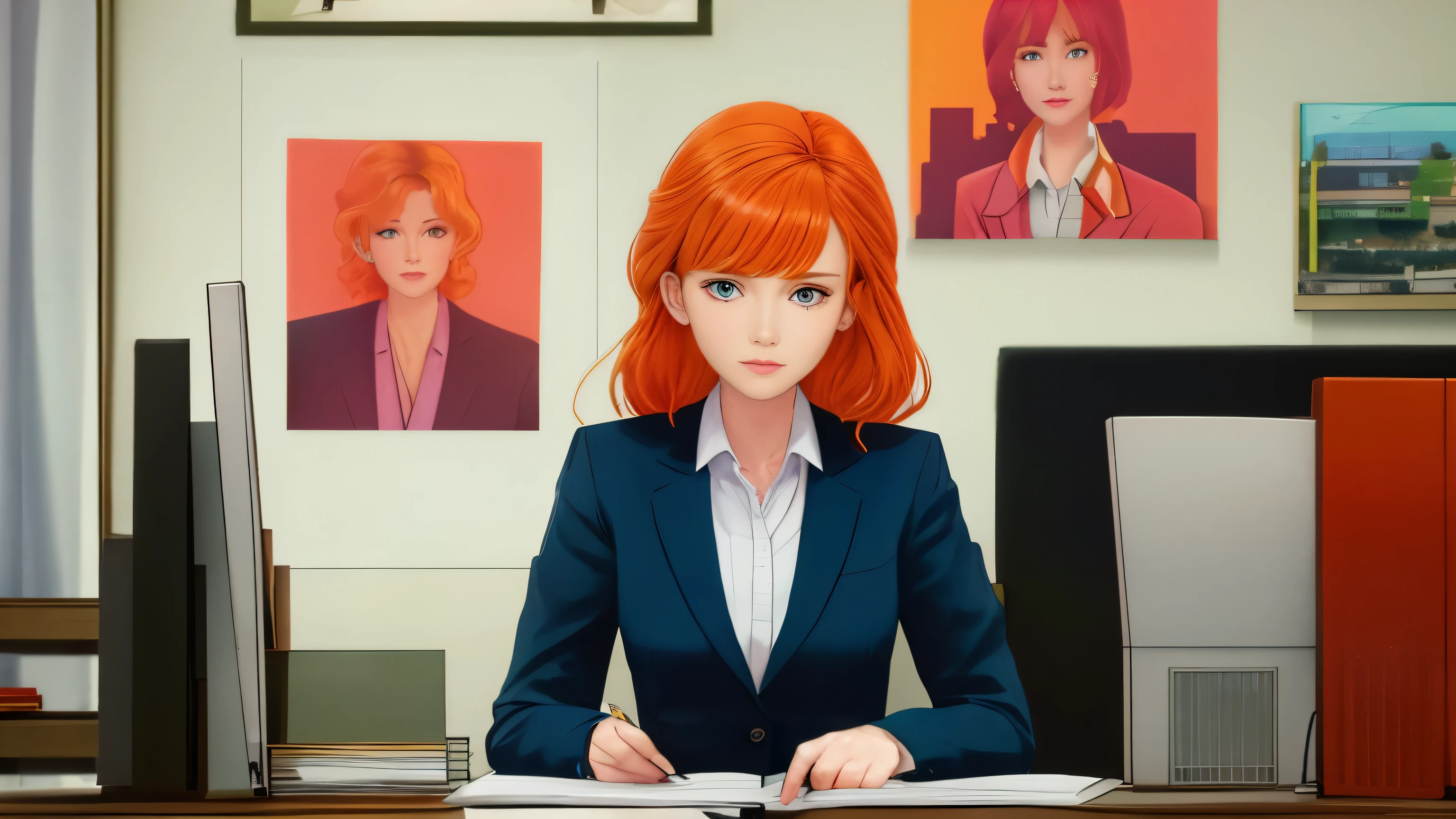 /draw orange hair woman green eyes sitting at desk talking on telephone with computer monitor, 1 9 8 0 s vaporwave business fashion, business woman, 1 9 8 0 s woman, woman in business suit, young business woman, denis velleneuve, female in office dress, sat at her desk, female lawyer, wearing a strict business suit, serious business, working hard, portrait of kim wexler