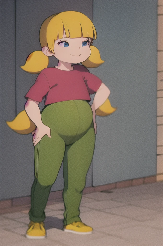 masterpiece, best quality, 1girl, penny, blonde hair, twintails, blunt bangs, blue eyes, red shirt, green pants, hands on hips, solo,  smile, new york street backgroundd, hyper-pregnant 