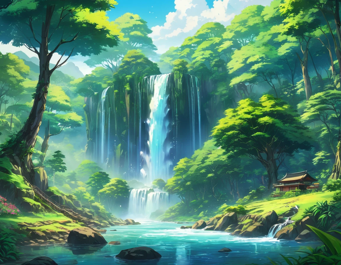 A painting of a beautiful forest with a waterfall and cascades, Landscape Artwork, Anime beautiful peaceful scene, Anime Landscape wallpaper, Anime Landscape, Fantasy Landscape Art, Anime Nature, Anime Landscape概念艺术, Anime Background Art, Beautiful art UHD 4K, Anime Nature wallpap, 美丽的Anime Landscape, Ross Chen. Landscape background, Colorful concept art, Anime rural scenery