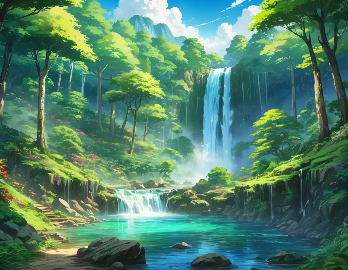 A painting of a beautiful forest with a waterfall and cascades, Landscape Artwork, Anime beautiful peaceful scene, Anime Landscape wallpaper, Anime Landscape, Fantasy Landscape Art, Anime Nature, Anime Landscape概念艺术, Anime Background Art, Beautiful art UHD 4K, Anime Nature wallpap, 美丽的Anime Landscape, Ross Chen. Landscape background, Colorful concept art, Anime rural scenery