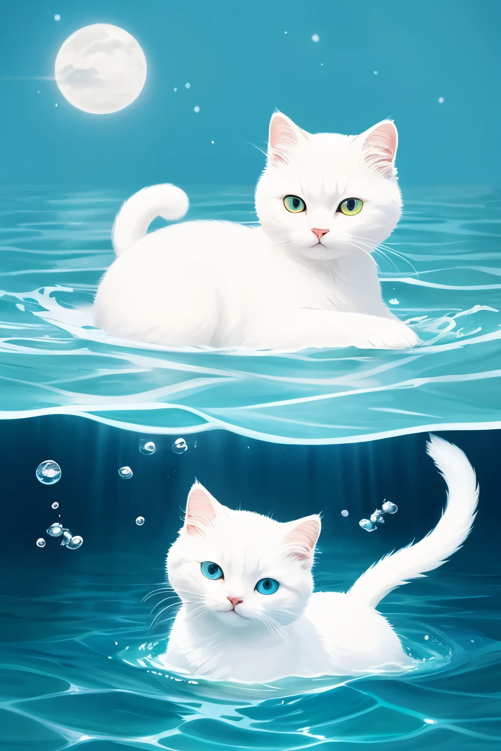 A simple, cute and mysterious drawing of a white cat swimming in the deep sea.。
