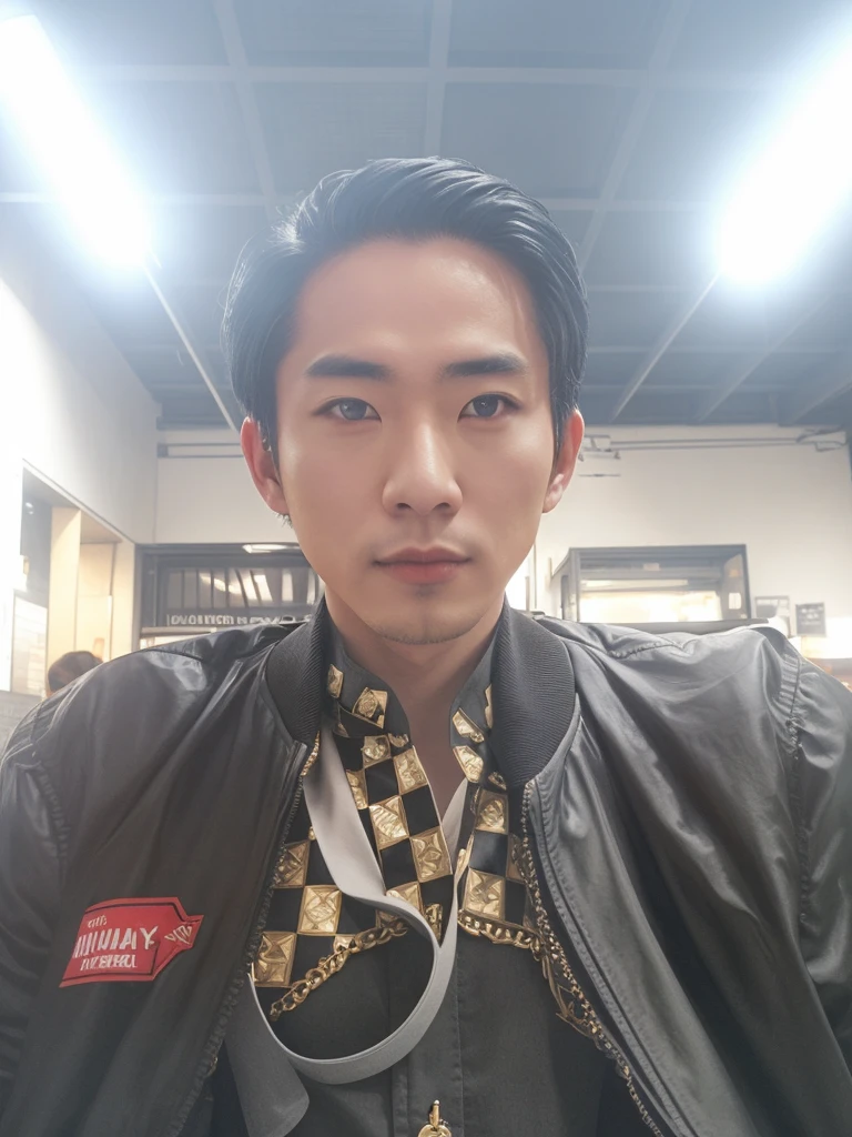 Professional photography of a full body elegant Asian man with body charm, mysterious aura, trendy black short taper hair, wearing a parka jacket with intricate sablon text (('Mau nya gitu?)) ' in a cosplay style, ultra-realistic rendering, masterpiece quality, dark alley background, cinematic, adjust contrast & saturation, vibrant color, with an enigmatic and intriguing expression, high definitions