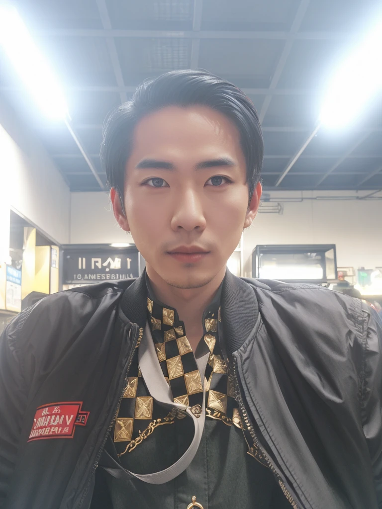 Professional photography of a full body elegant Asian man with body charm, mysterious aura, trendy black short taper hair, wearing a parka jacket with intricate sablon text (('Mau nya gitu?)) ' in a cosplay style, ultra-realistic rendering, masterpiece quality, dark alley background, cinematic, adjust contrast & saturation, vibrant color, with an enigmatic and intriguing expression, high definitions