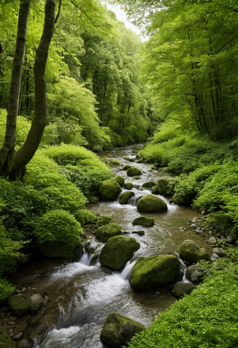 View of the stream flowing through the green forest