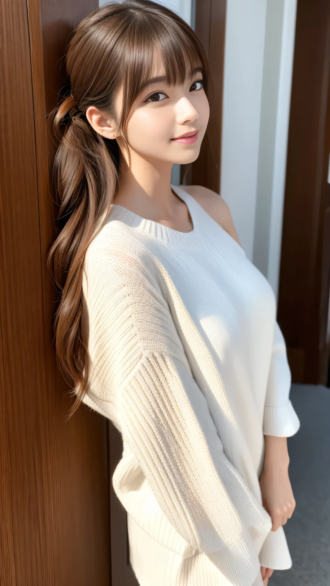 Ultra-high resolution, Superior Quality, Highest quality, Very detailed, Realistic, 8k, RAW Photos, Highest quality, masterpiece, Attractive girl, Awesome girl, Brown Hair, Shoulder-length layers, Asymmetrical bangs, K-POPアイドル, Sophisticated, stylish, White knit, Brown hibuya Ward, Semi-long hair up to shoulder length