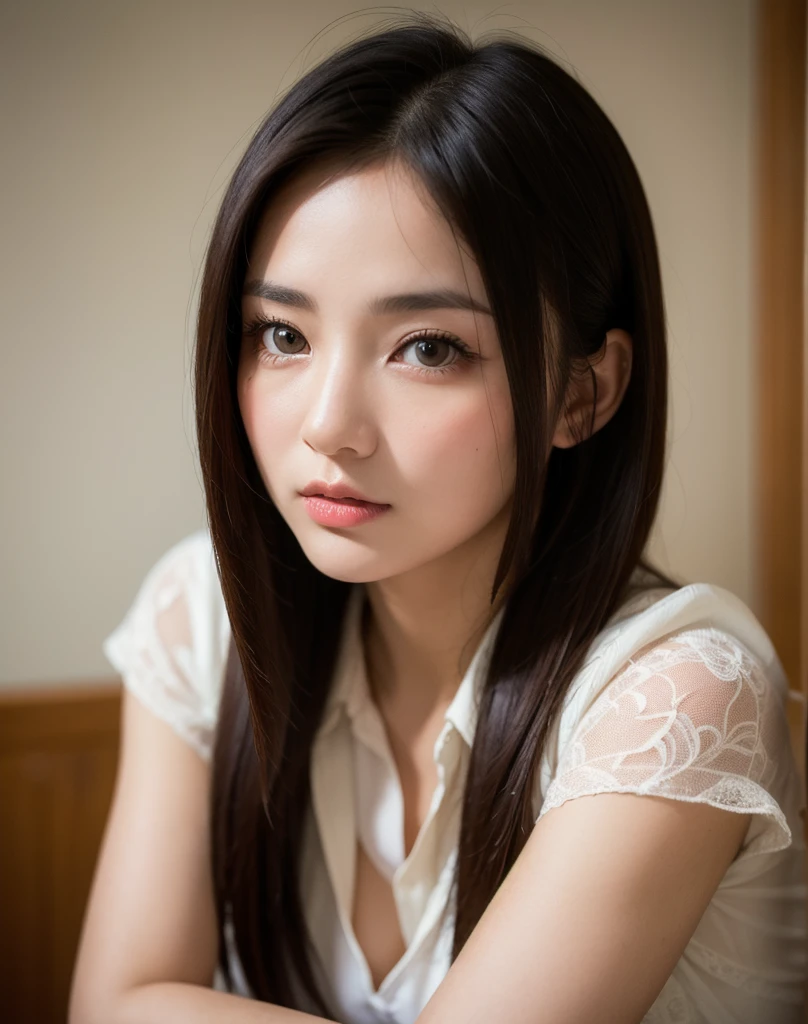 Highest quality, Face Focus, Soft Light, Ultra-high resolution, (Realistic:1.4), RAW Photos,
1 Japanese girl, alone, cute, (pupil, Light in your eyes),  Beautiful face in every detail, (Small box),(High resolution detail of human skin texture),
(Long Hair),
indoor,
Damask Shirt Dress,
(Portraiture)