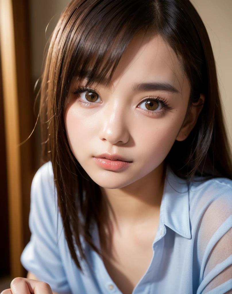 Highest quality, Face Focus, Soft Light, Ultra-high resolution, (Realistic:1.4), RAW Photos,
1 Japanese girl, alone, cute, (pupil, Light in your eyes),  Beautiful face in every detail, (Small box),(High resolution detail of human skin texture),
(Long Hair),
indoor,
Damask Shirt Dress,
(Portraiture)