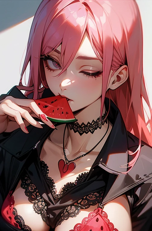 Cool women、y、Center of chest、Rize from Chainsaw Man、beauty、Yandere、、Face close-up、Kiss with your eyes closed、Chest tattoo、Red lace、necklace、Pink Hair、(Eating watermelon)